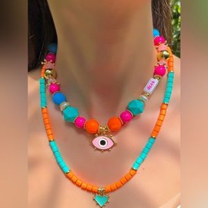 Gemstone Necklace Agate Stone Fimo Beads Handcrafted  Evil Eye Necklace